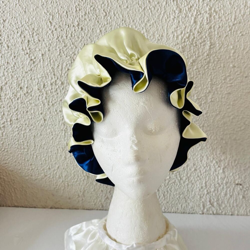 Reversible Satin Sleep Bonnet Hat – Navy & Yellow – Extra Large, Elastic Fit - Picture 10 of 16